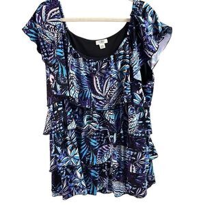 CATO Women Floral 3 Tier Ruffles Capped Sleeve Fairygoth Blouse Size 22/24